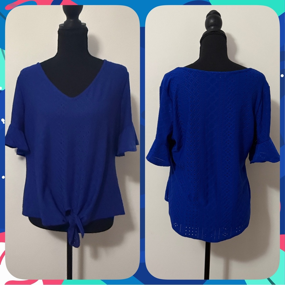 PerSeption Concept Royal Blue Short Sleeve Blouse with Tie-Front-size medium